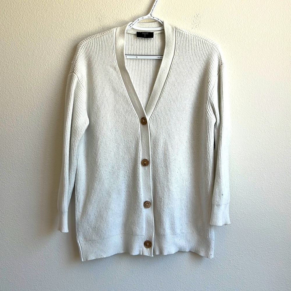 T TAHARI Button Down Cardigan White V-Neck Sweater